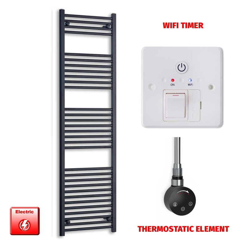 Thermostatic Element + Wifi Timer 600 x 1800 Flat Black Pre-Filled Electric Heated Towel Rail