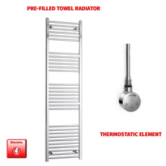 Straight / Thermostatic Element 600 x 1800 Flat - Curved Chrome Pre-Filled Electric Towel Rail