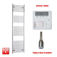 Straight / Single Heat Element + Digital Timer 600 x 1800 Flat - Curved Chrome Pre-Filled Electric Towel Rail