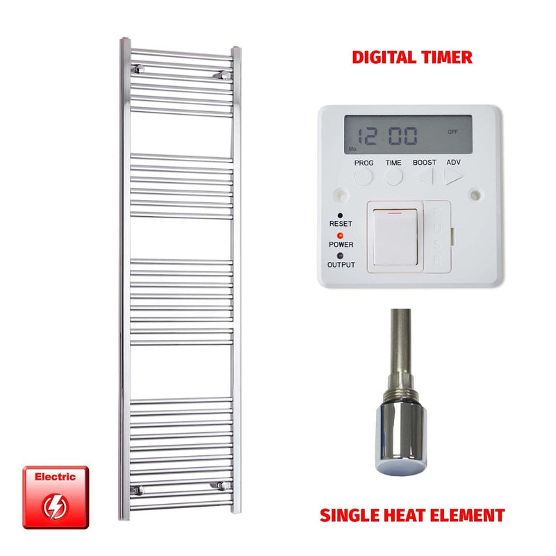 Straight / Single Heat Element + Digital Timer 600 x 1800 Flat - Curved Chrome Pre-Filled Electric Towel Rail