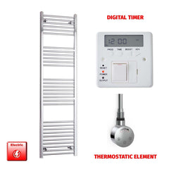 Straight / Thermostatic Element + Digital Timer 600 x 1800 Flat - Curved Chrome Pre-Filled Electric Towel Rail