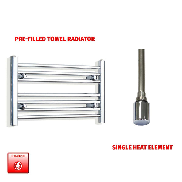 Straight / Single Heat Element 600 x 400 Flat Chrome Pre-Filled Electric Heated Towel Rail