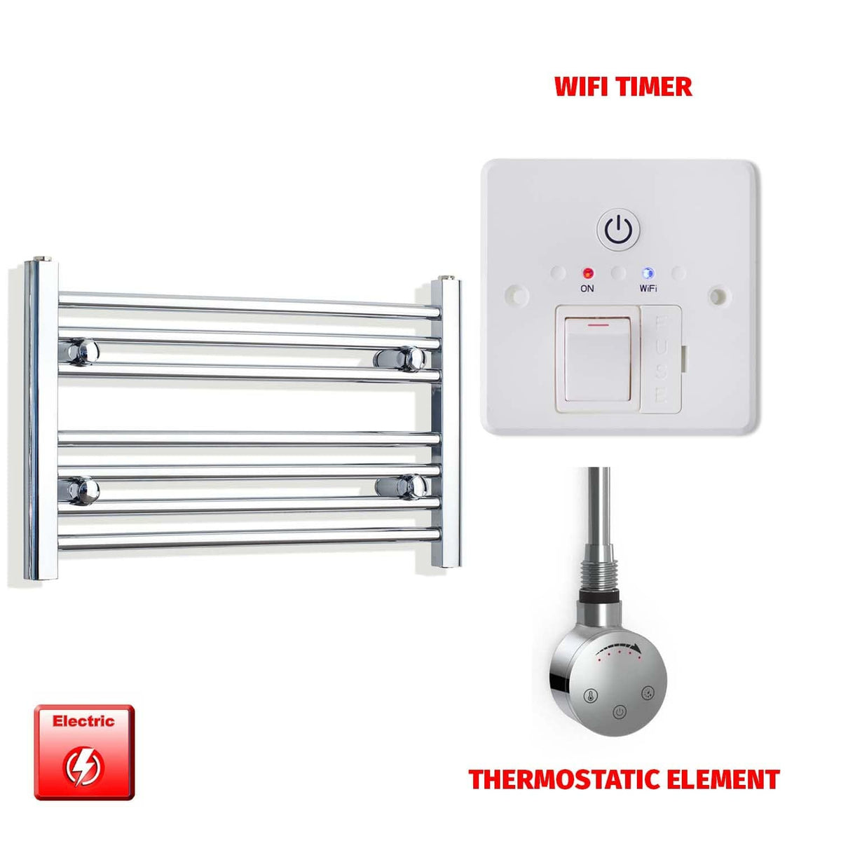 Straight / Thermostatic Element + Wifi Timer 600 x 400 Flat Chrome Pre-Filled Electric Heated Towel Rail
