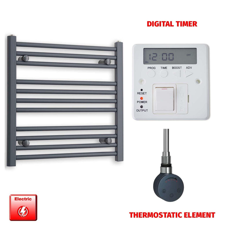 Thermostatic Element + Digital Timer 600 x 600 Flat Anthracite Pre-Filled Electric Towel Rail