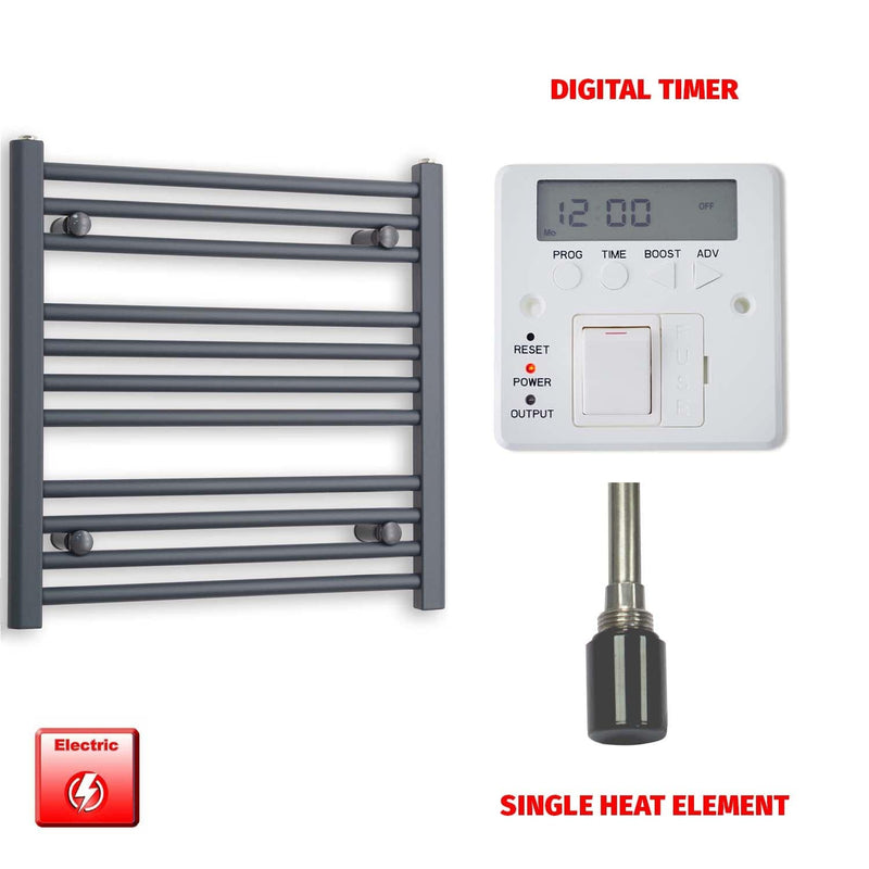 Single Heat Element + Digital Timer 600 x 600 Flat Anthracite Pre-Filled Electric Towel Rail
