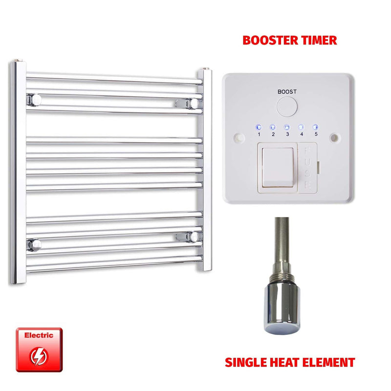 Straight / Single Heat Element + Booster Timer 600 x 600 Flat Chrome Pre-Filled Electric Heated Towel Rail