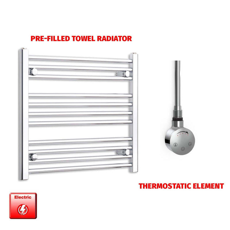 Straight / Thermostatic Element 600 x 600 Flat Chrome Pre-Filled Electric Heated Towel Rail