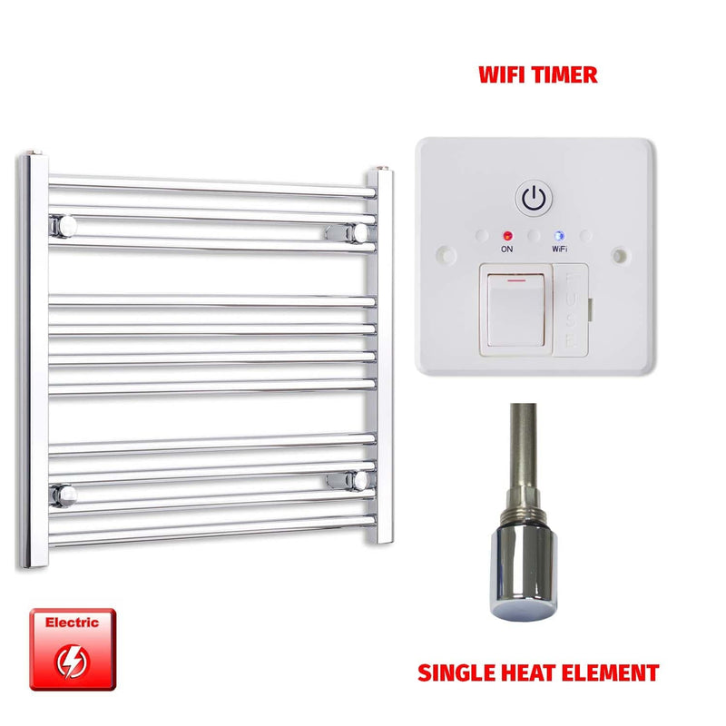 Straight / Single Heat Element + Wifi Timer 600 x 600 Flat Chrome Pre-Filled Electric Heated Towel Rail