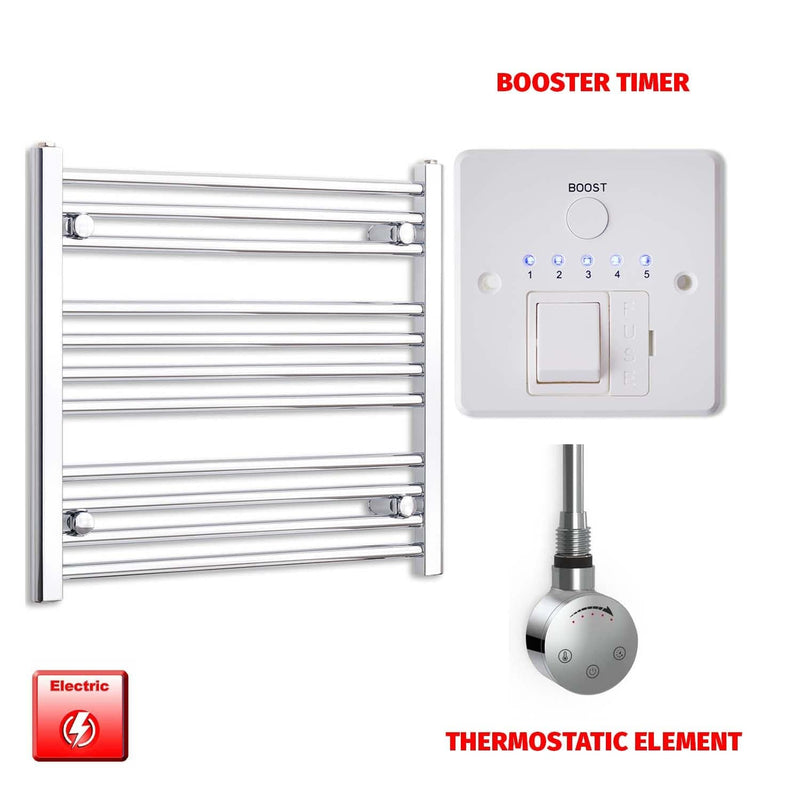 Straight / Thermostatic Element + Booster Timer 600 x 600 Flat Chrome Pre-Filled Electric Heated Towel Rail