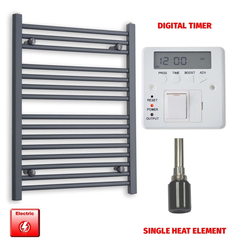 Single Heat Element + Digital Timer 600 x 800 Flat Anthracite Pre-Filled Electric Towel Radiator