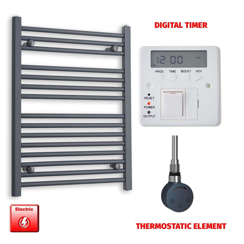 Thermostatic Element + Digital Timer 600 x 800 Flat Anthracite Pre-Filled Electric Towel Radiator