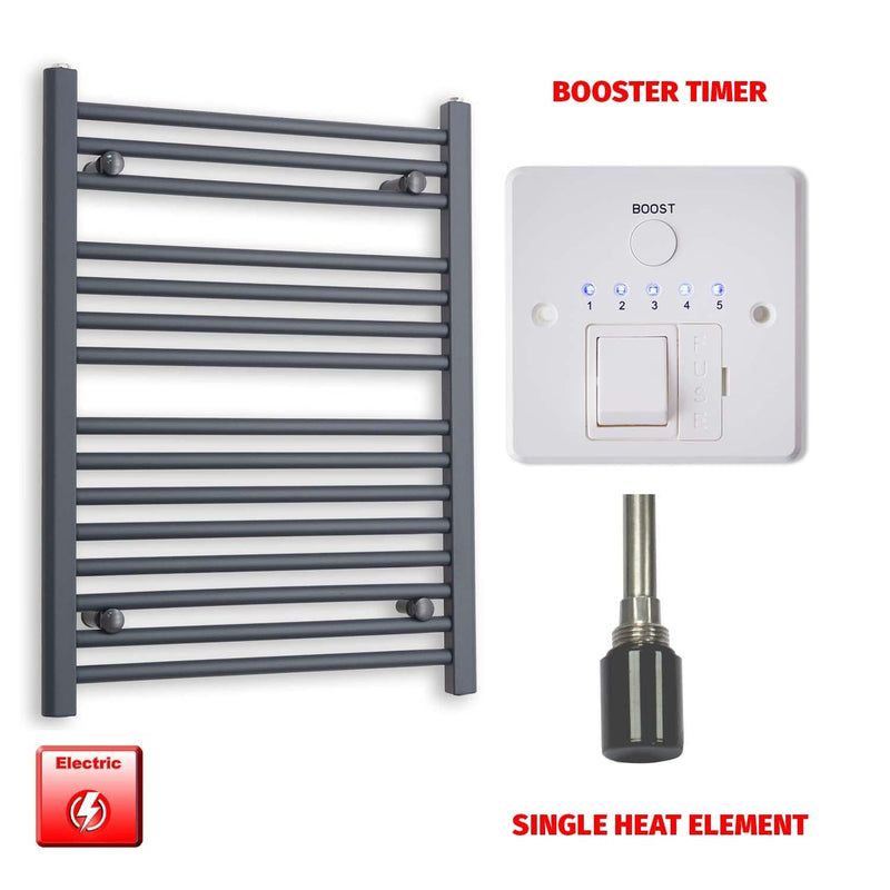 Single Heat Element + Booster Timer 600 x 800 Flat Anthracite Pre-Filled Electric Towel Radiator