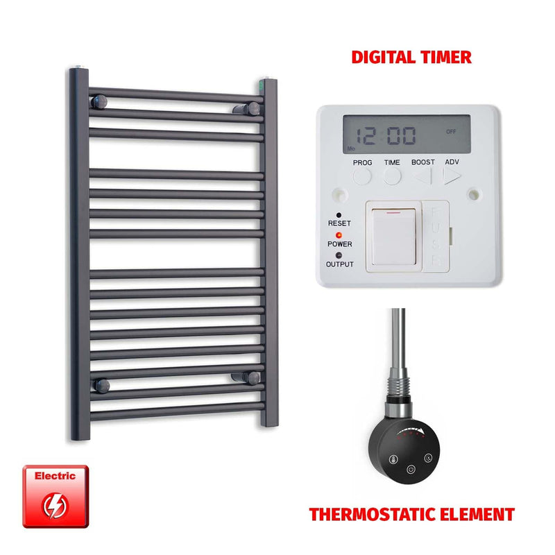 Thermostatic Element + Digital Timer 600 x 800 Flat Black Pre-Filled Electric Heated Towel Rail