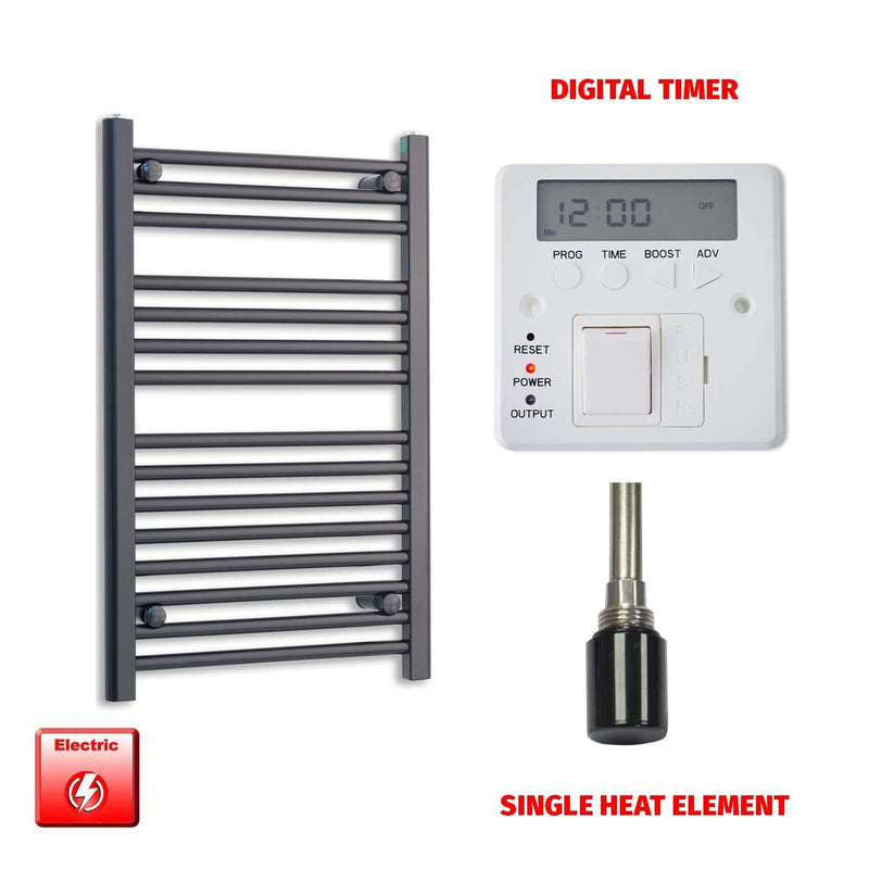Single Heat Element + Digital Timer 600 x 800 Flat Black Pre-Filled Electric Heated Towel Rail