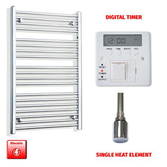 Single Heat Element + Digital Timer 650 x 1000 Flat Chrome Pre-Filled Electric Heated Towel Rail