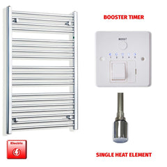 Single Heat Element + Booster Timer 650 x 1000 Flat Chrome Pre-Filled Electric Heated Towel Rail