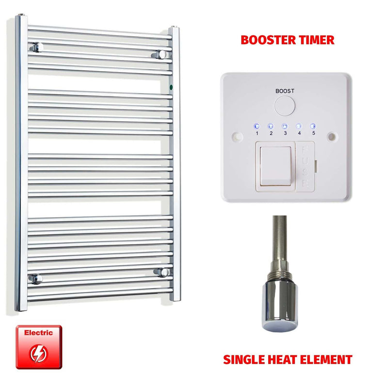 Single Heat Element + Booster Timer 650 x 1000 Flat Chrome Pre-Filled Electric Heated Towel Rail