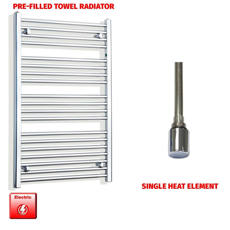 Single Heat Element 650 x 1000 Flat Chrome Pre-Filled Electric Heated Towel Rail