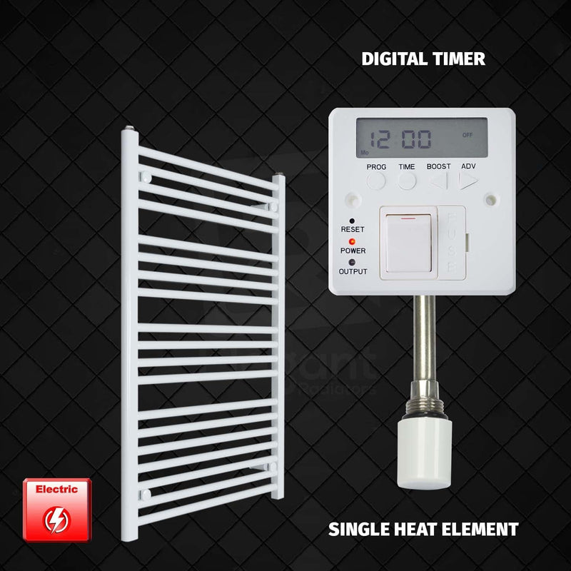 Single Heat Element + Digital Timer 650 x 1000 Flat White Pre-Filled Electric Towel Radiator