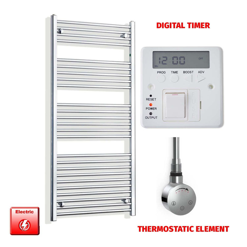 Thermostatic Element + Digital Timer 650 x 1400 Flat Chrome Pre-Filled Electric Heated Towel Rail