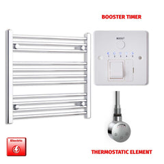 Thermostatic Element + Booster Timer 650 x 600  Flat Chrome Pre-Filled Electric Heated Towel Rail