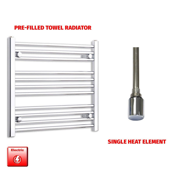 Single Heat Element 650 x 600 Flat Chrome Pre-Filled Electric Heated Towel Rail