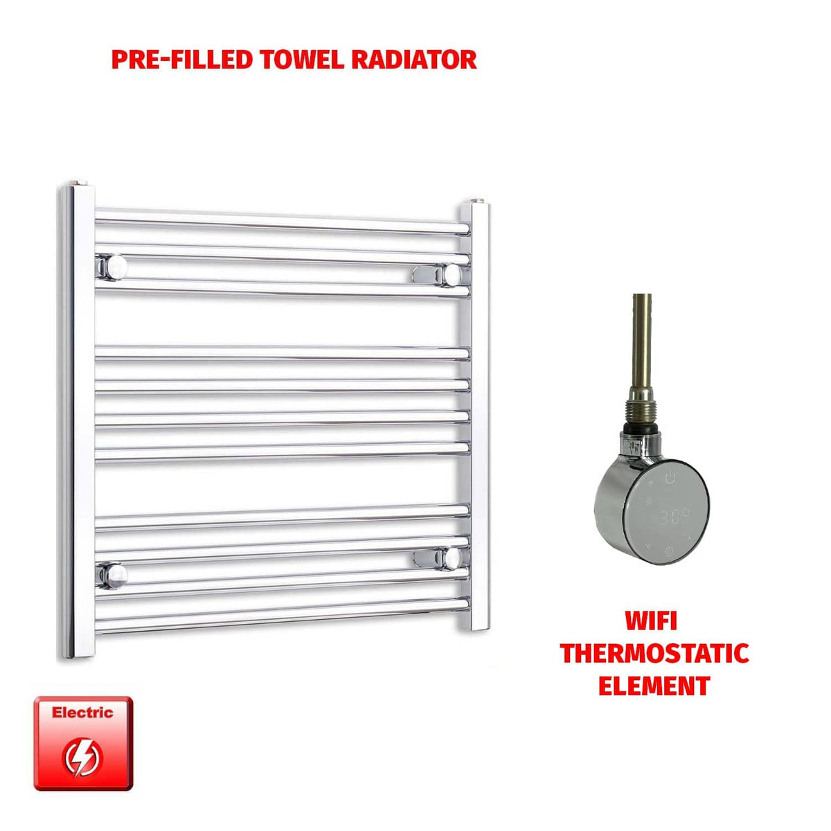 ER-Wifi Thermostatic 650 x 600 Flat Chrome Pre-Filled Electric Heated Towel Rail