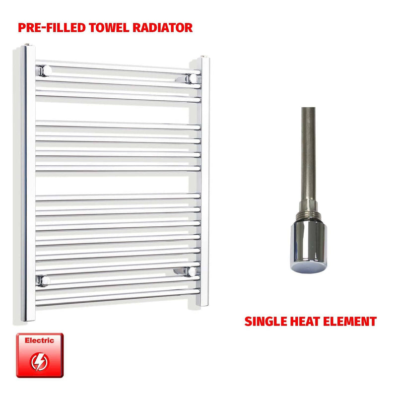 Single Heat Element 650 x 800mm High Flat Chrome Pre-Filled Electric Towel Rail