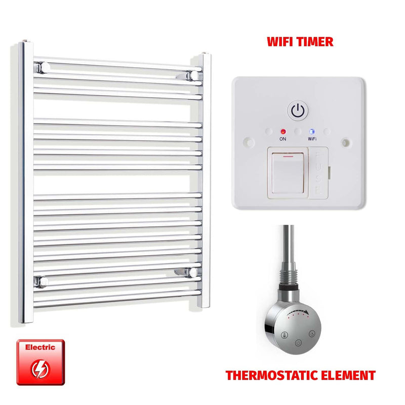 Thermostatic Element + Wifi Timer 650 x 800mm High Flat Chrome Pre-Filled Electric Towel Rail