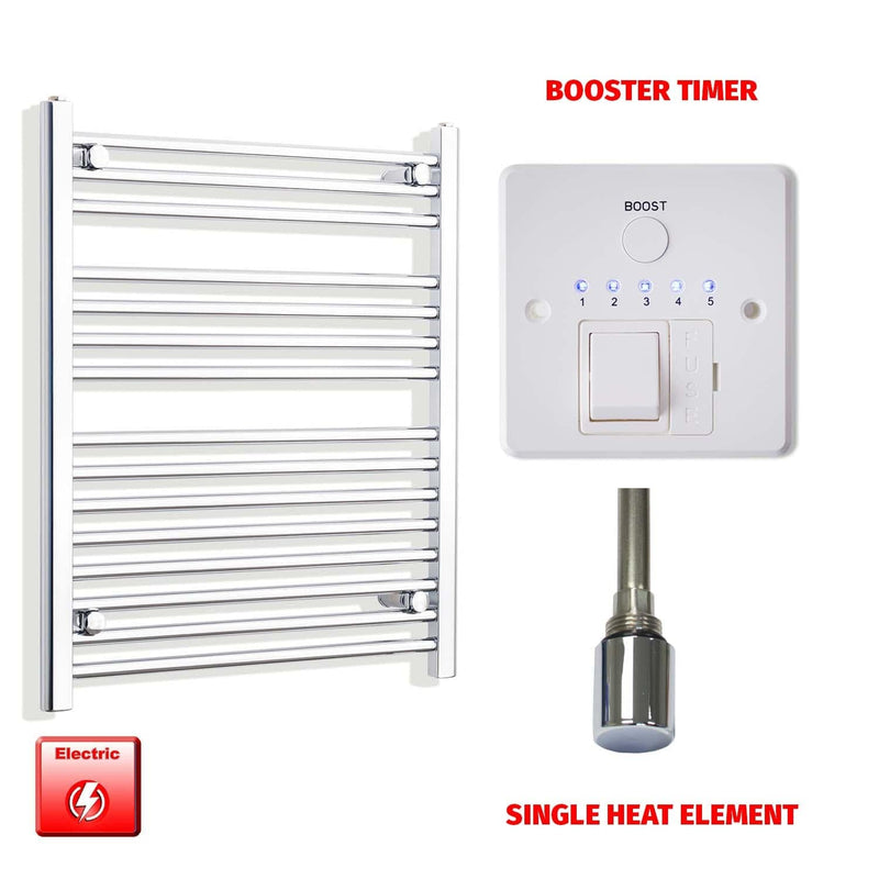 Single Heat Element + Booster Timer 650 x 800mm High Flat Chrome Pre-Filled Electric Towel Rail