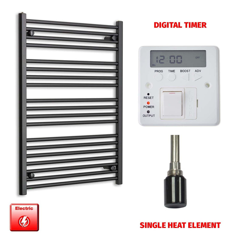 Single Heat Element + Digital Timer 700 x 1000 Flat Black Pre-Filled Electric Towel Radiator