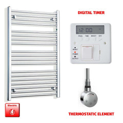 Straight / Thermostatic Element + Digital Timer 700 x 1000 Flat - Curved Chrome Pre-Filled Electric Towel Rail