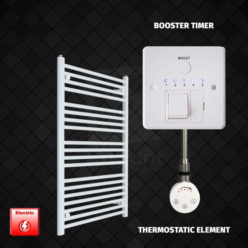 Thermostatic Element + Booster Timer 700 x 1000 Flat White Pre-Filled Electric Heated Towel Rail