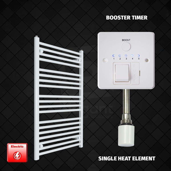 Single Heat Element + Booster Timer 700 x 1000 Flat White Pre-Filled Electric Heated Towel Rail
