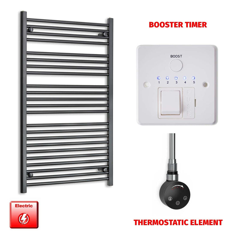 Thermostatic Element + Booster Timer 700 x 1200 Flat Black Pre-Filled Electric Heated Towel Rail Radiator HTR