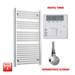 Straight / Thermostatic Element + Digital Timer 700 x 1200 Flat/Curved Chrome Pre-Filled Electric Towel Rail