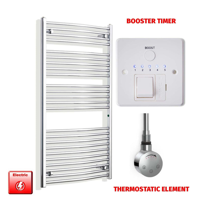 Straight / Thermostatic Element + Booster Timer 700 x 1300 Flat - Curved Chrome Pre-Filled Electric Towel Rail