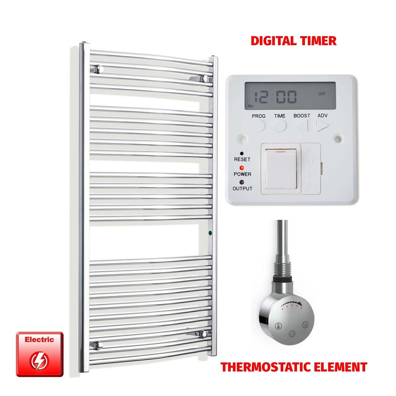 Straight / Thermostatic Element + Digital Timer 700 x 1300 Flat - Curved Chrome Pre-Filled Electric Towel Rail