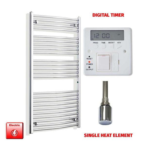 Straight / Single Heat Element + Digital Timer 700 x 1300 Flat - Curved Chrome Pre-Filled Electric Towel Rail
