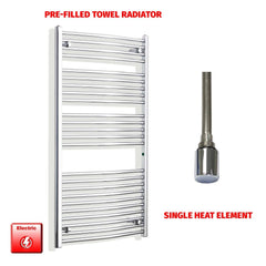 Straight / Single Heat Element 700 x 1300 Flat - Curved Chrome Pre-Filled Electric Towel Rail
