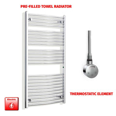 Straight / Thermostatic Element 700 x 1300 Flat - Curved Chrome Pre-Filled Electric Towel Rail