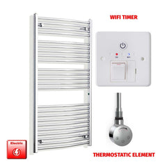 Straight / Thermostatic Element + Wifi Timer 700 x 1300 Flat - Curved Chrome Pre-Filled Electric Towel Rail