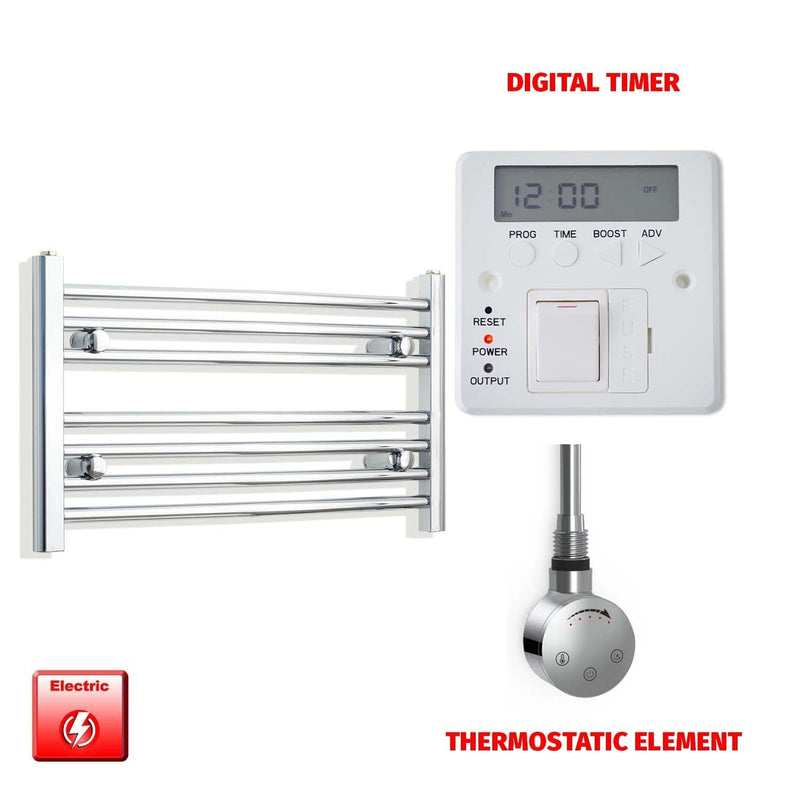 Straight / Thermostatic Element + Digital Timer 700 x 400 Flat Chrome Pre-Filled Electric Heated Towel Rail