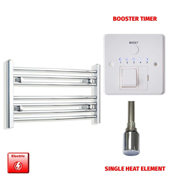 Straight / Single Heat Element + Booster Timer 700 x 400 Flat Chrome Pre-Filled Electric Heated Towel Rail