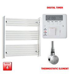 Straight / Thermostatic Element + Digital Timer 700 x 800 Flat-Curved Chrome Pre-Filled Electric Towel Rail