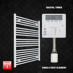 Single Heat Element + Digital Timer 750 x 1000 Flat White Pre-Filled Electric Heated Towel Rail