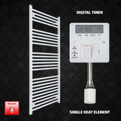 Single Heat Element + Digital Timer 750 x 1400 Flat White Pre-Filled Electric Heated Towel Rail