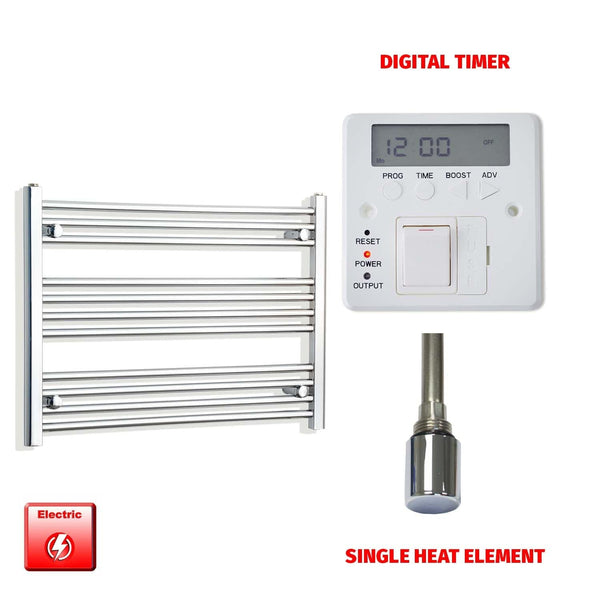 Straight / Single Heat Element + Digital Timer 750 x 600 Flat Chrome Pre-Filled Electric Heated Towel Rail