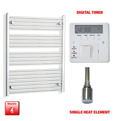 Single Heat Element + Digital Timer 800 x 1000 Flat Chrome Pre-Filled Electric Heated Towel Rail