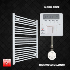 Thermostatic Element + Digital Timer 800 x 1000 Flat White Pre-Filled Electric Heated Towel Rail